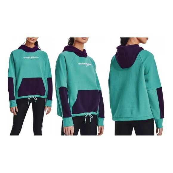 Under Armour Loose Hoodie Size Medium Raglan Cinch Hem Rival Fleece Colorblock - Picture 3 of 12